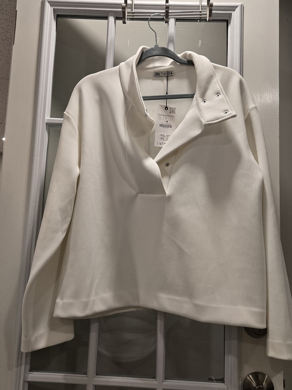 Zara Off-White Snap Funnel Neck Sweatshirt